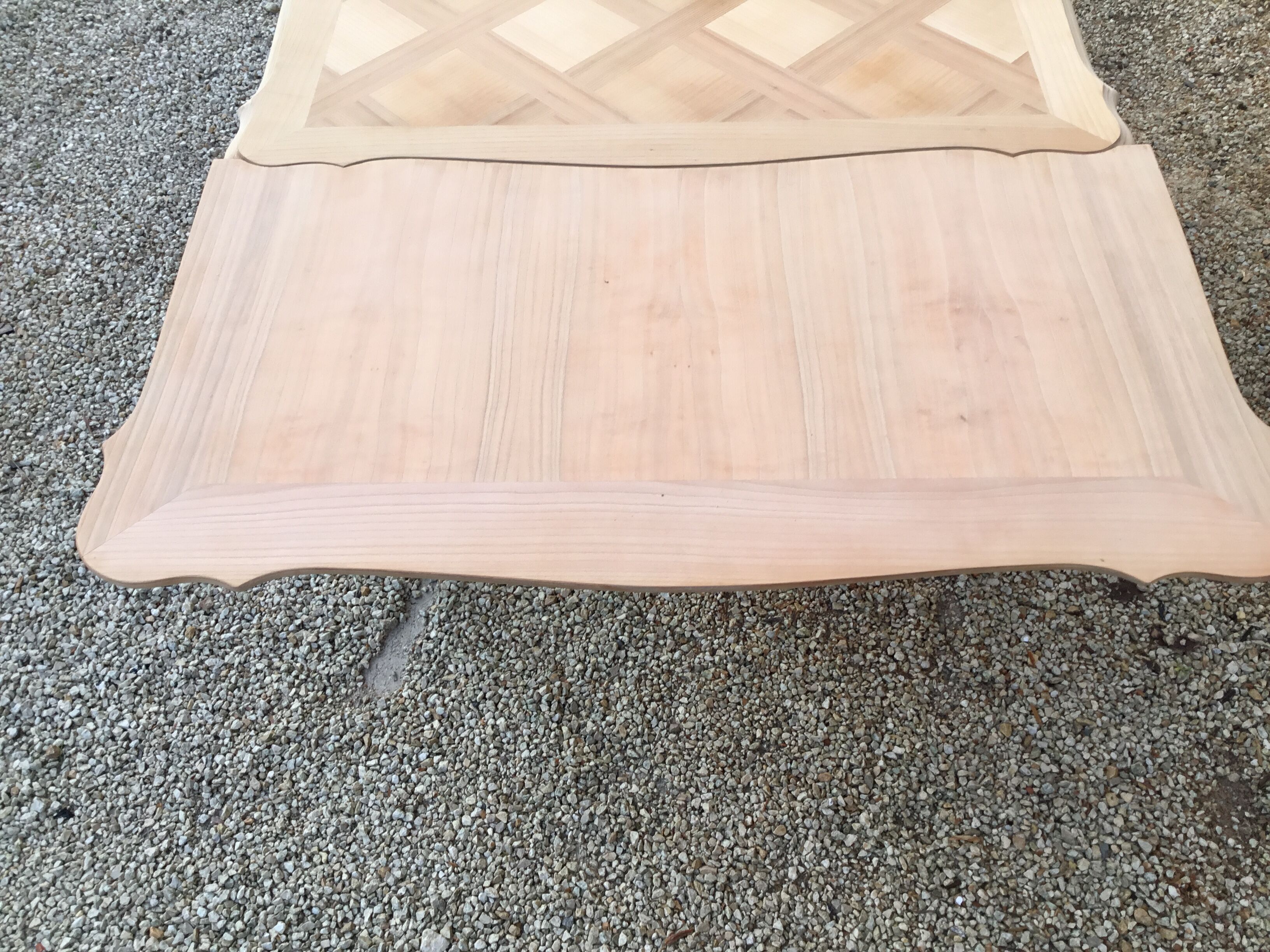 Louis XV style table in cherry wood pickled top and patinated base in light beige