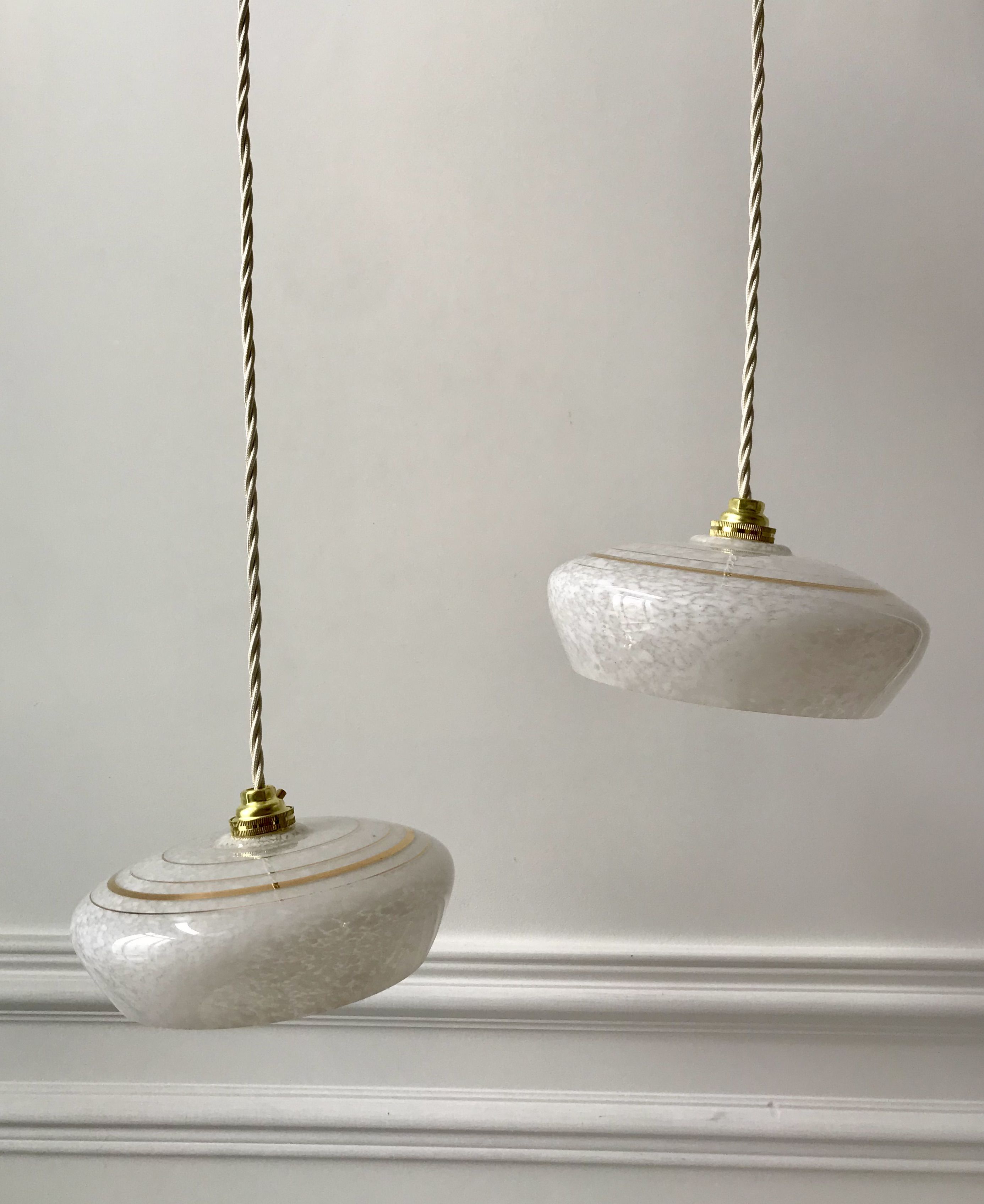 Pair of suspensions in white Clichy glass and golden edging 40s-50s