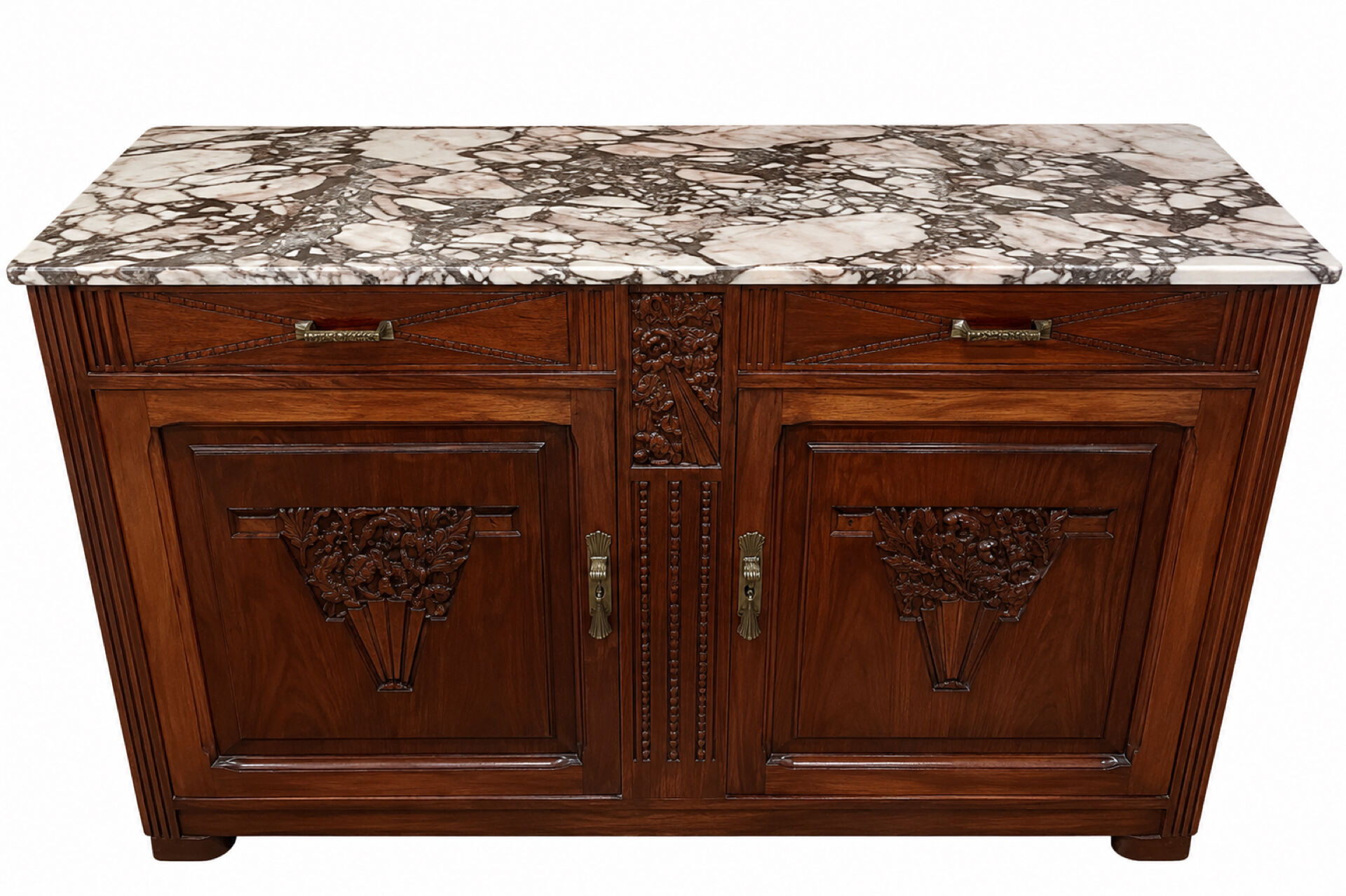 Art Deco buffet in carved oak and original marble, 1930s.