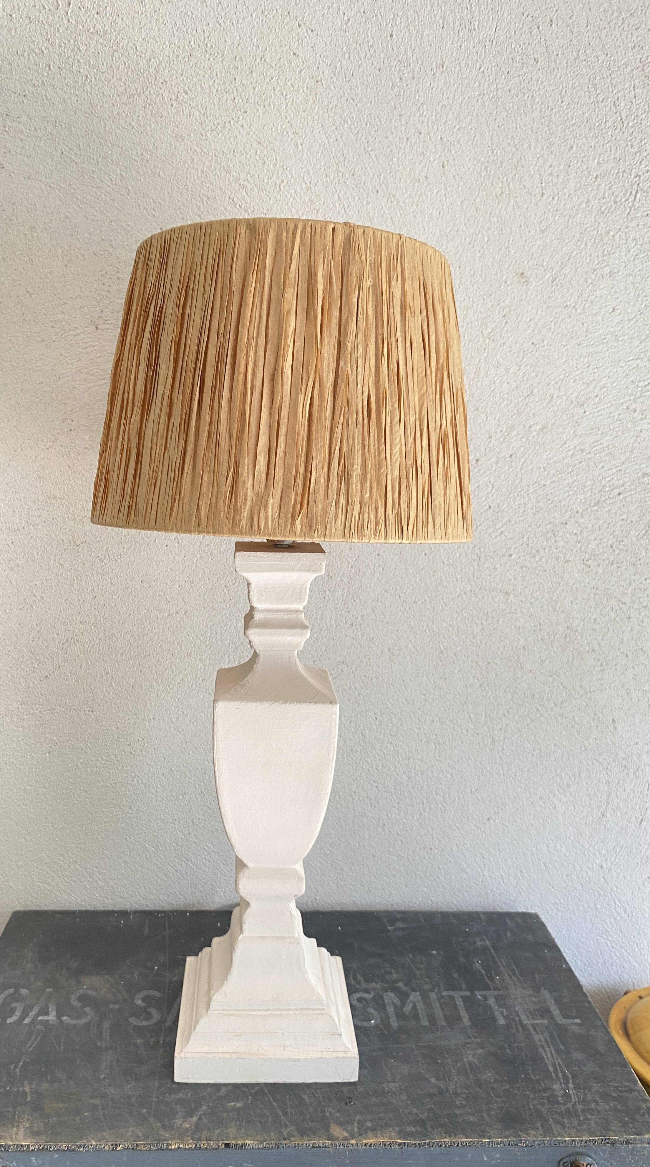 Wood and plaster lamp, new 2M cable, raffia lampshade