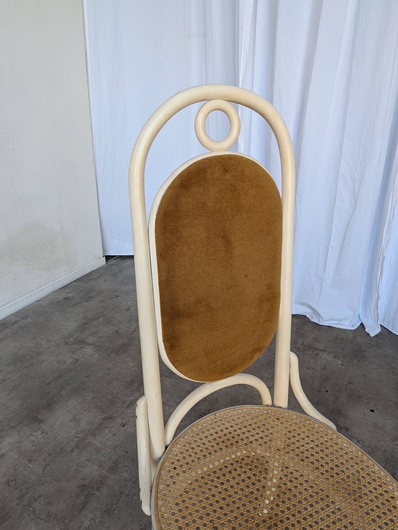 Vintage Thonet Bentwood Dining Chair: Cane Seat, Yellow Fabric Back