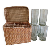 6 water glasses + basket