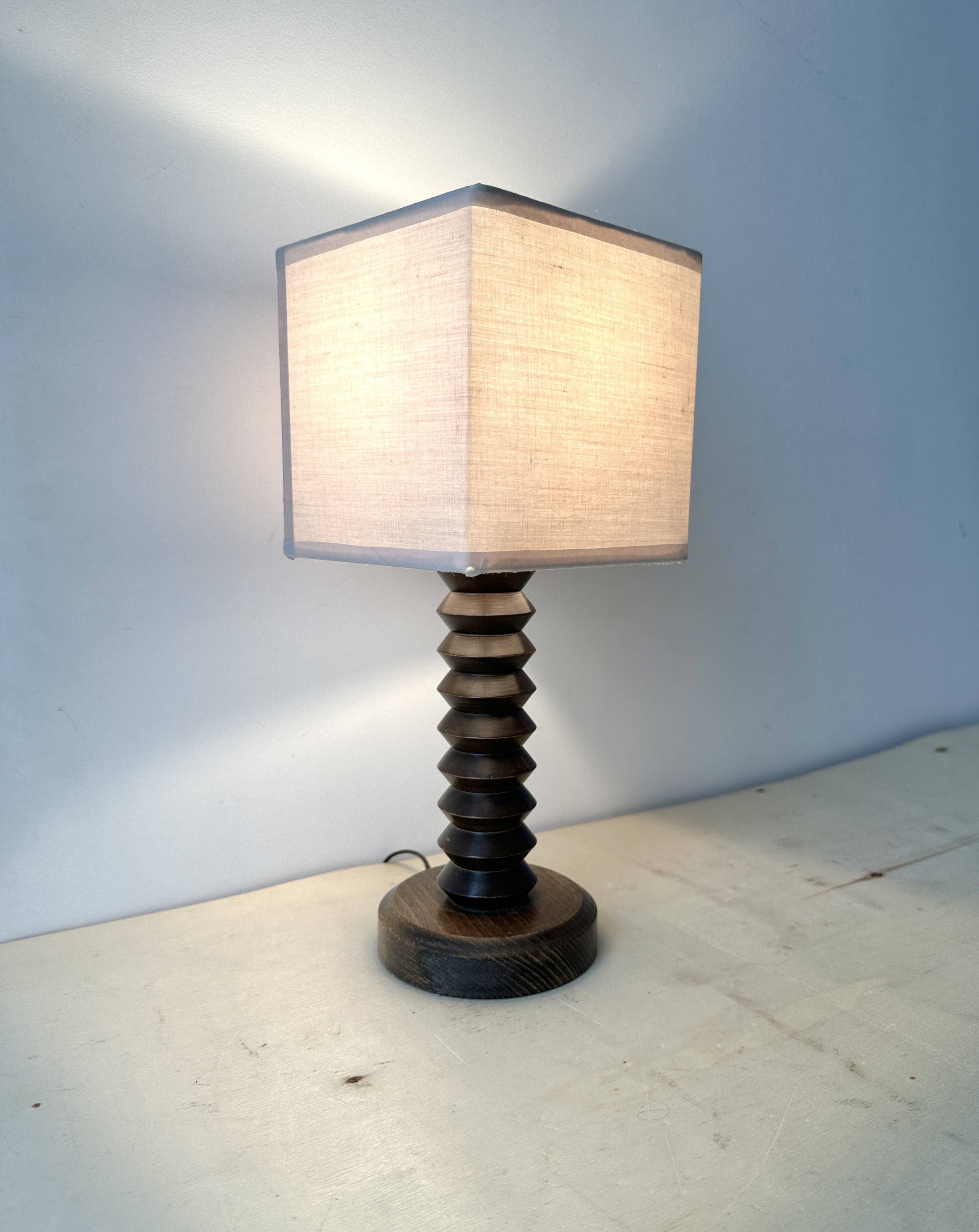 Rustic wooden turned lamp base from the 1950s, vintage rustic lighting.