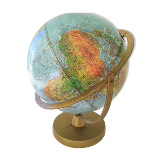 Globe terrestre Mappemonde en relief sur pied en laiton et cerclage laiton