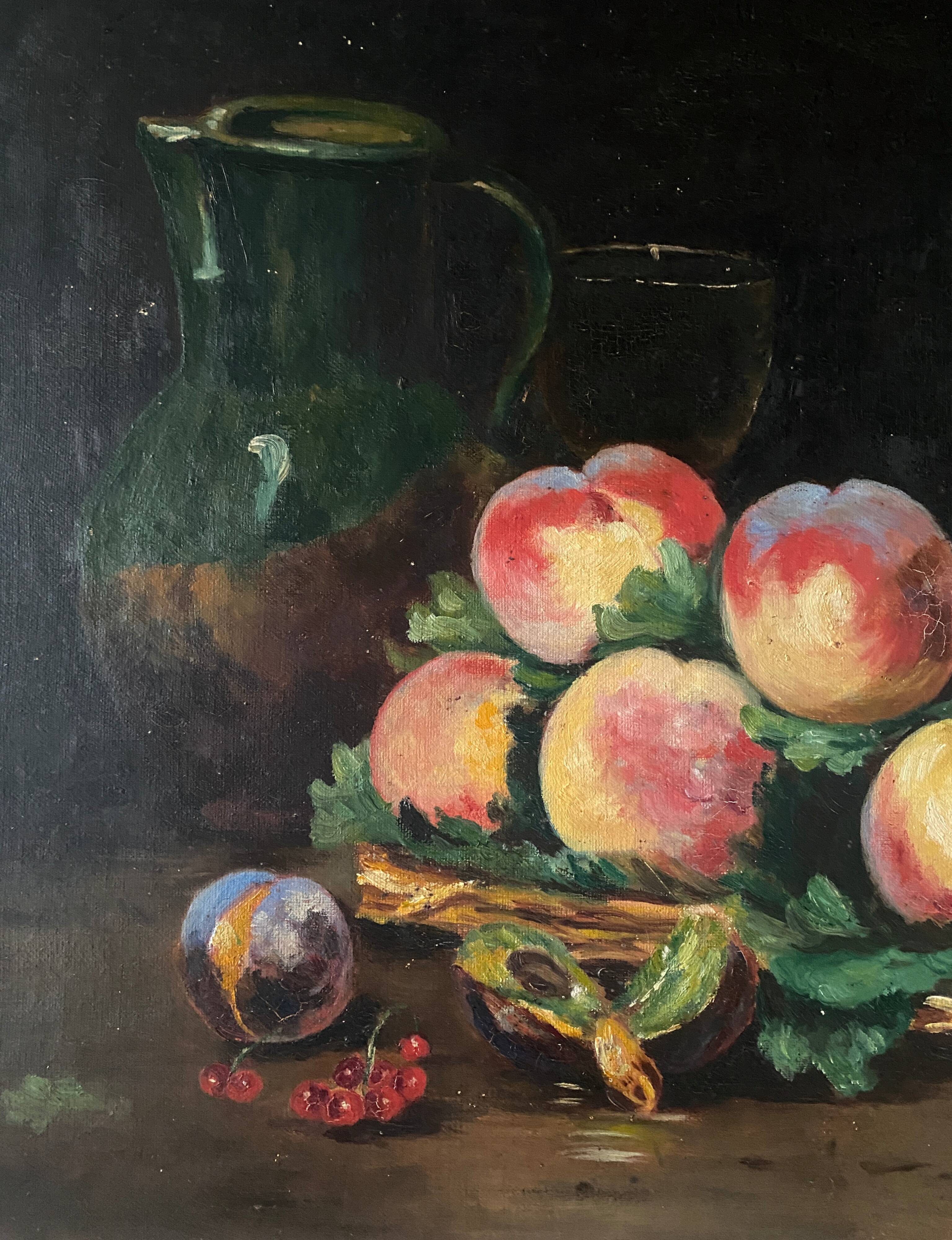 HST (XIX°) "Still Life with Peaches and Pitcher"