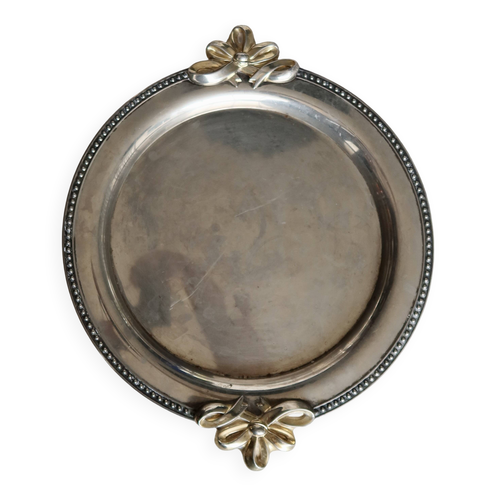 Vintage round silver metal serving tray with gold knot handles