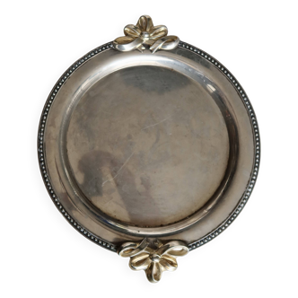 Plateau de service vintage rond métal argenté poignées nœuds dorés