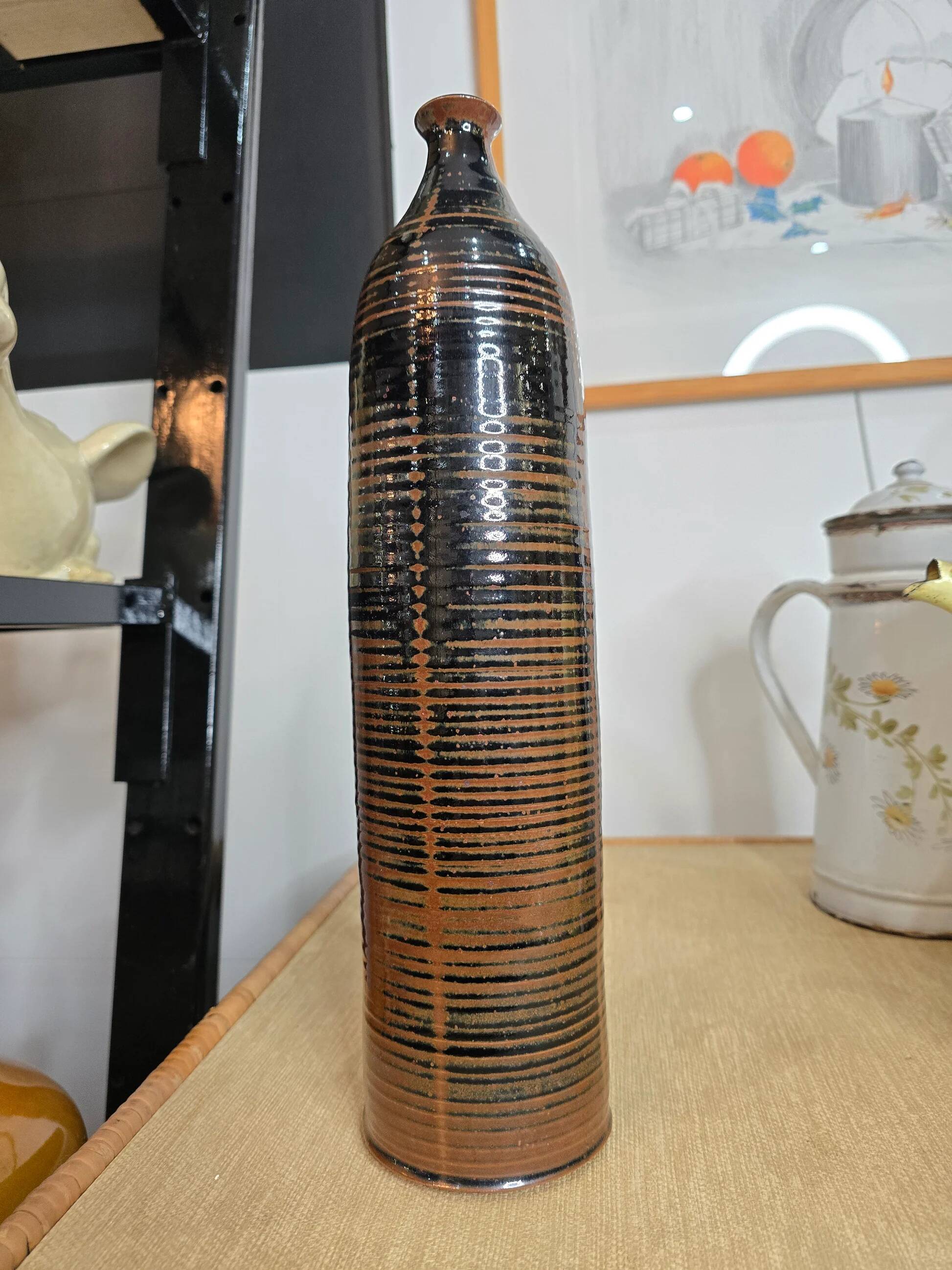 Glazed striped stoneware vase – Brown and black tones – Handmade – 1970s