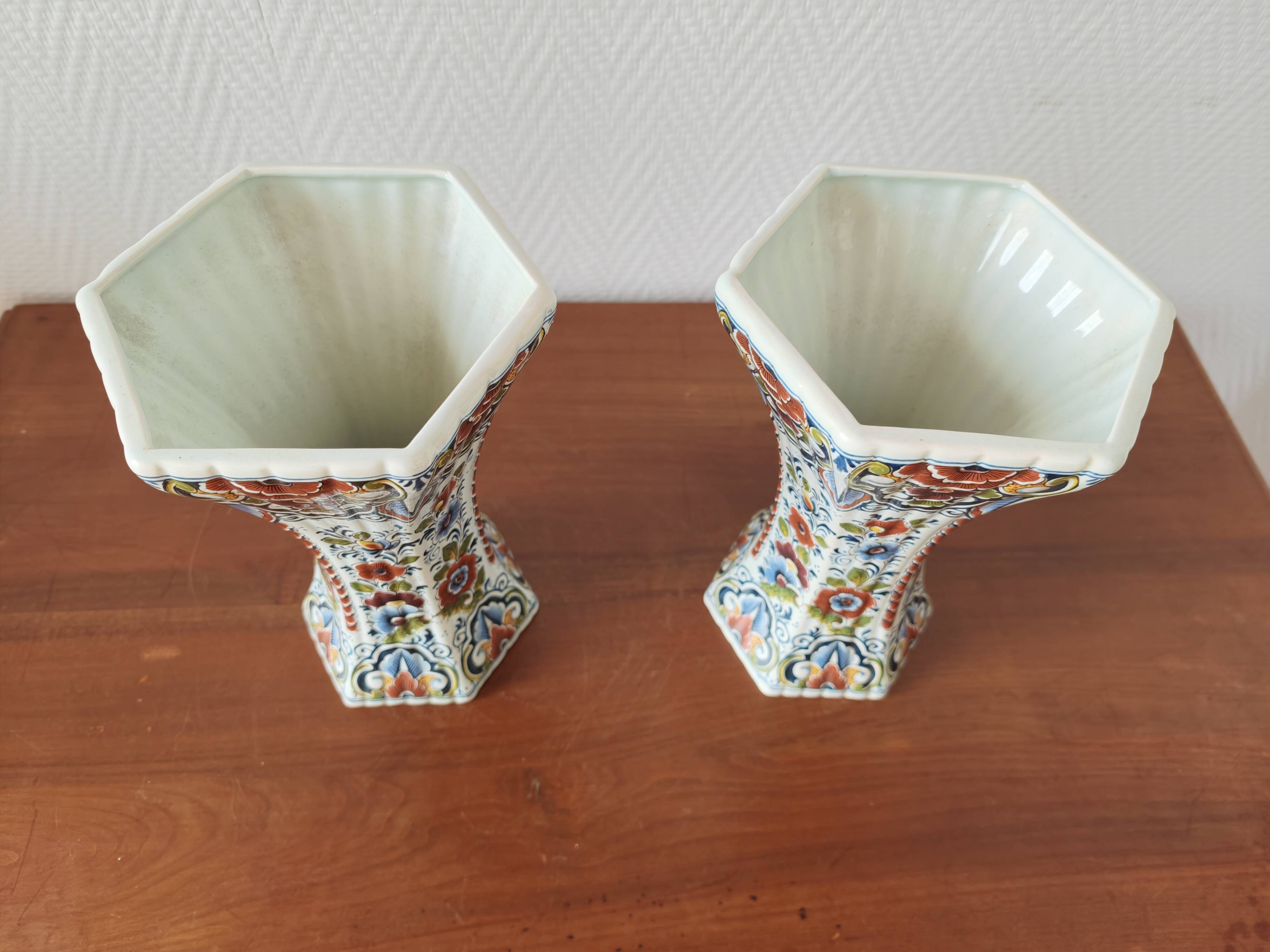 Pair of polychrome Delft earthenware vases, Holland, 1960s