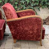 Pair of Art Deco club armchairs in burgundy red velvet, 1930s