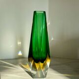 Submerged vase Mandruzzato Murano green and amber, sculpted faceted glass