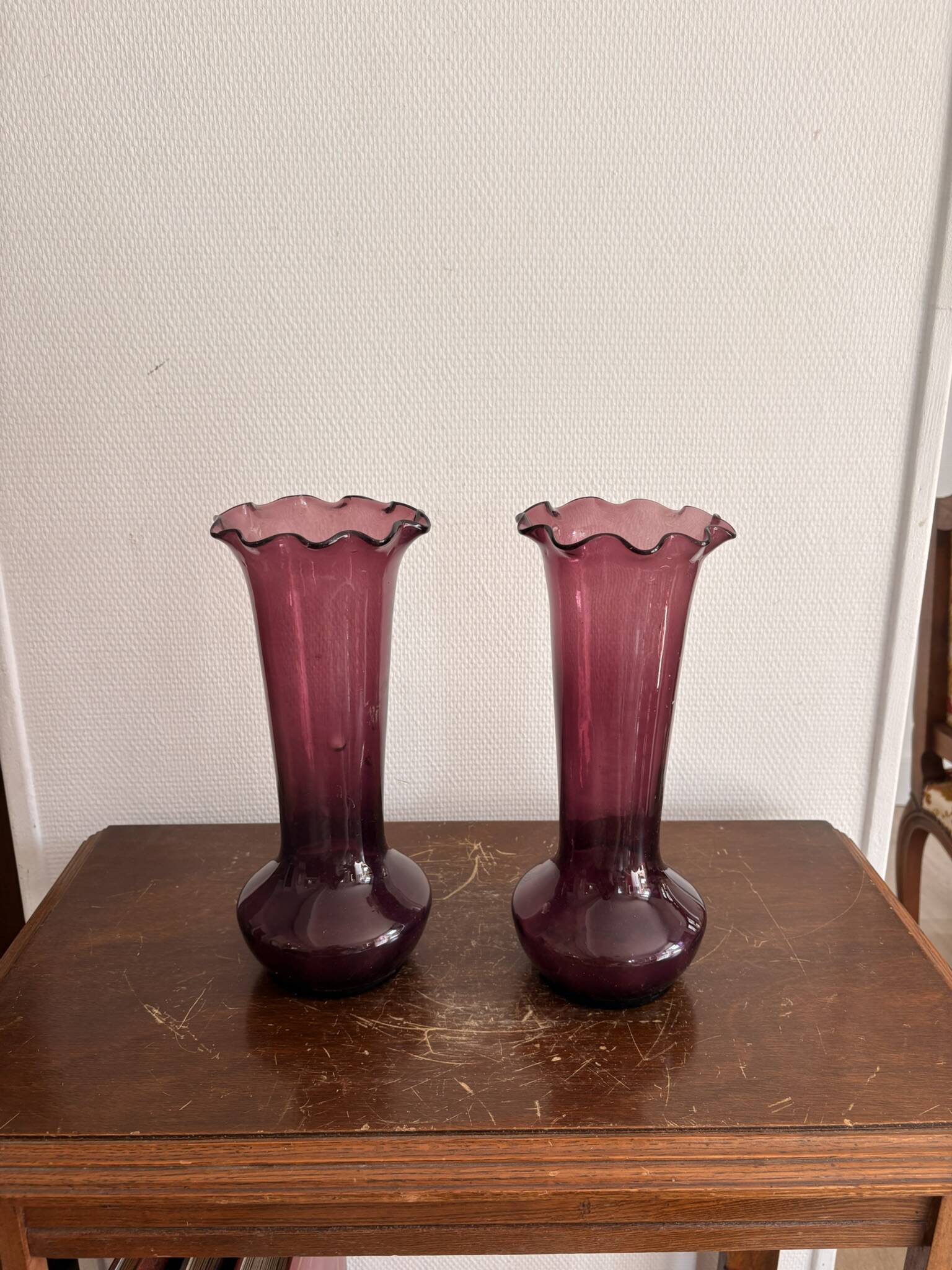 Pair of Trumpet Shaped Soliflore Vases, Purple, Mid Century, Italy, Empoli