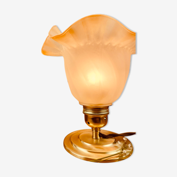 Lampe à poser en verre moulé vintage forme tulipe branche et jaune - années 70