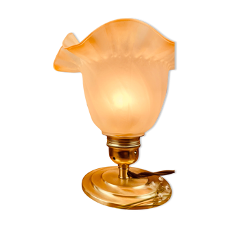 Lampe à poser en verre moulé vintage forme tulipe branche et jaune - années 70