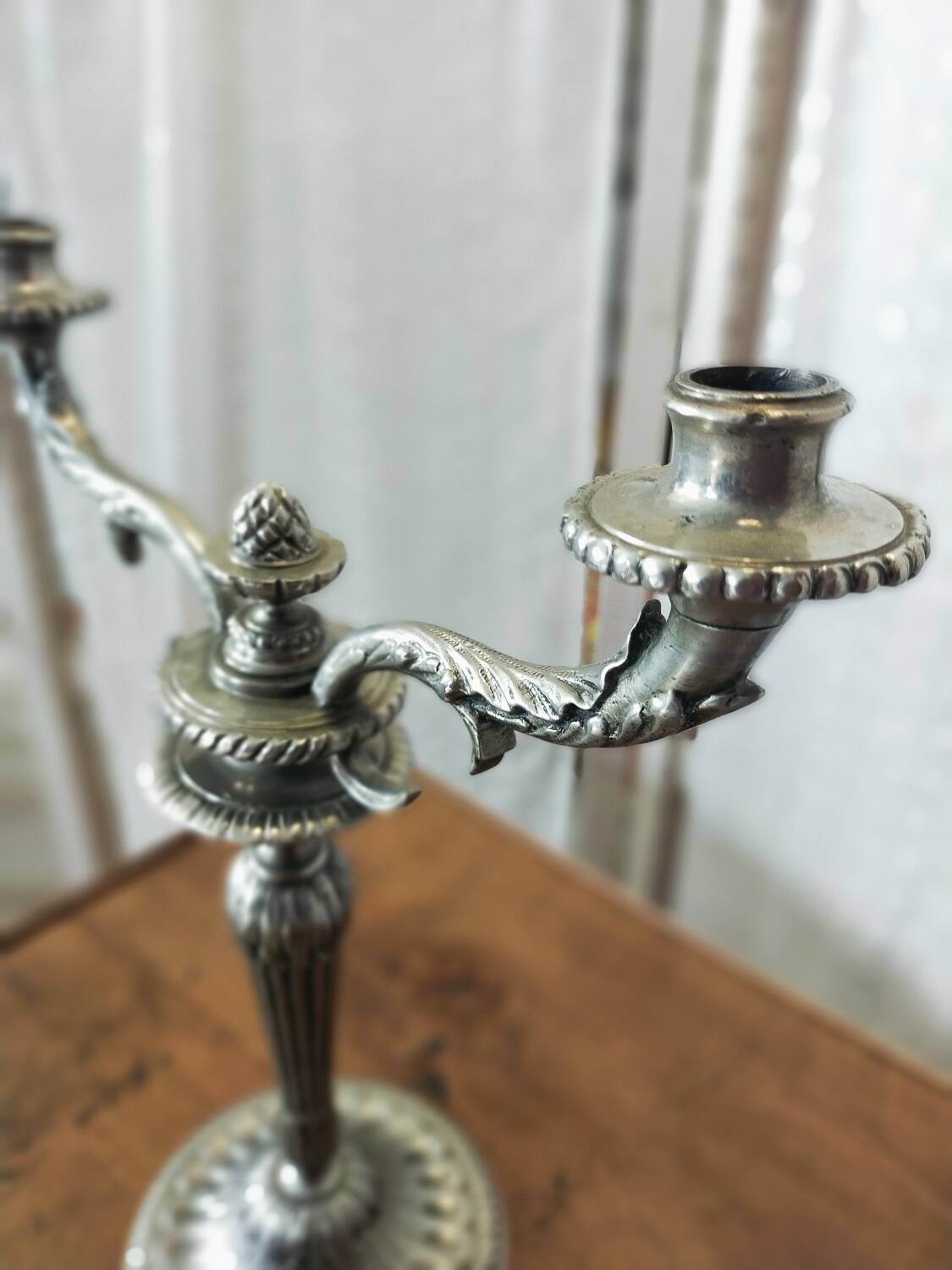 Double-branched candlestick, Louis XVI, in silver-plated metal