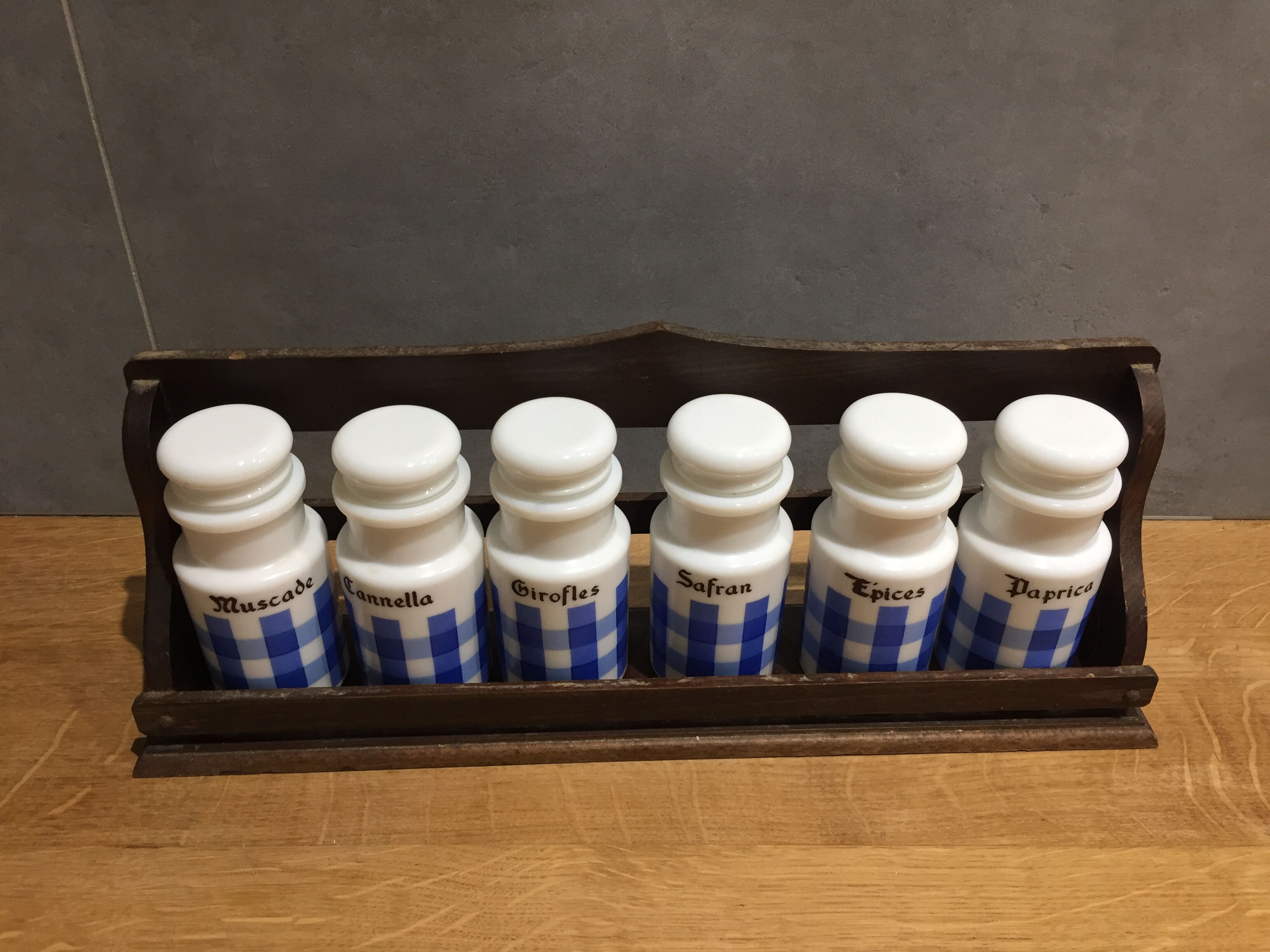 Set of 6 opaline spice pots from the 1960s