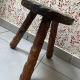 Hand-carved French brutalist tripod stool