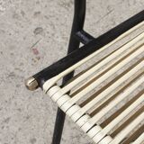 Wrought iron armchair, brass & scoubidou, France 1950s