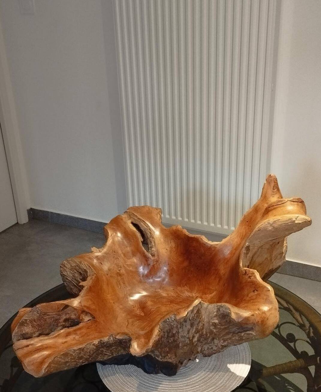 Sculptural wooden centrepiece, organic bowl, brutalist.