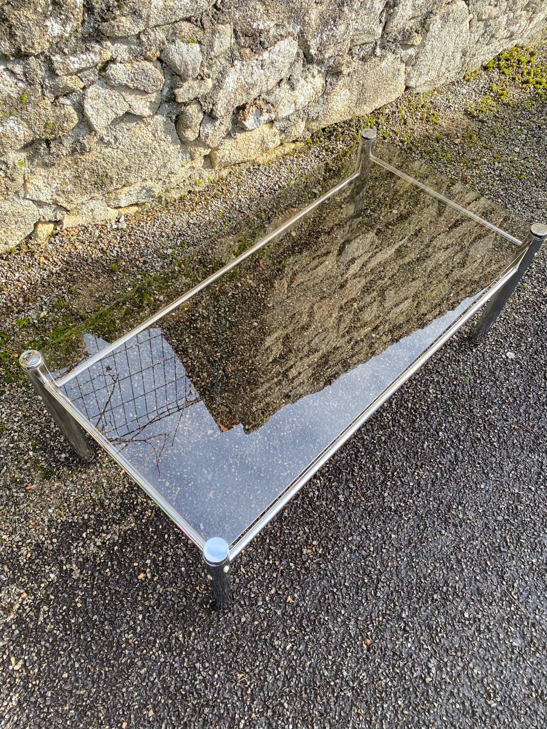 VINTAGE 1970 RECTANGULAR COFFEE TABLE WITH FLAT CHROME TUBULAR LEGS