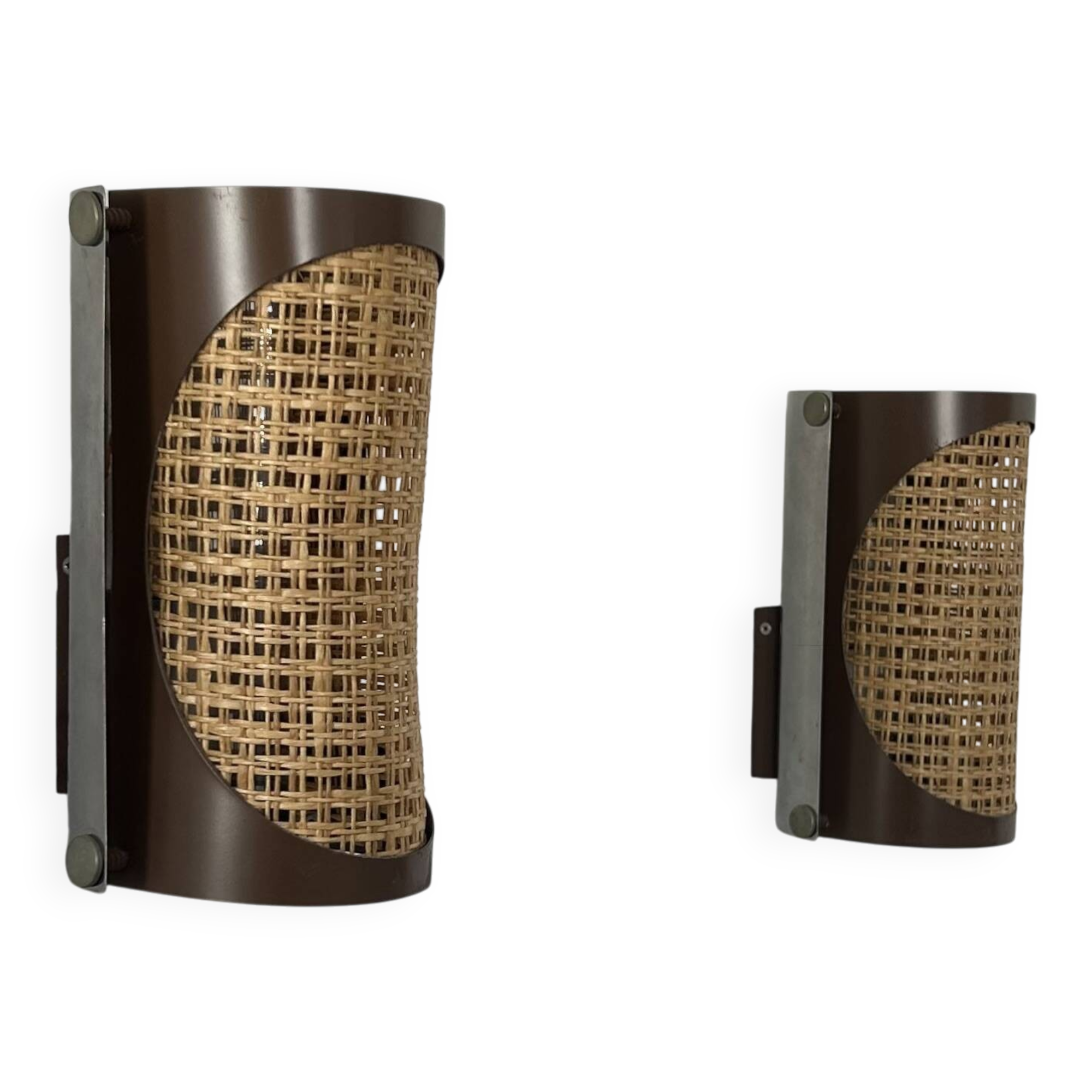 Pair of vintage sconces, cane and chrome, France 1970