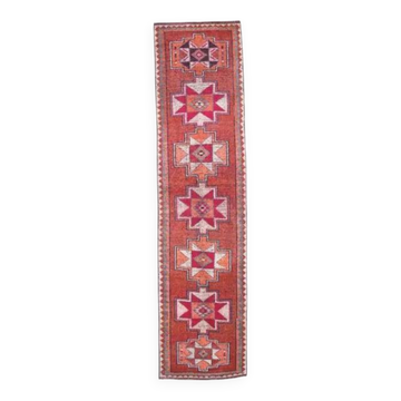 Couloir vintage turc Oushak fait main en laine et coton rouge 87x336
