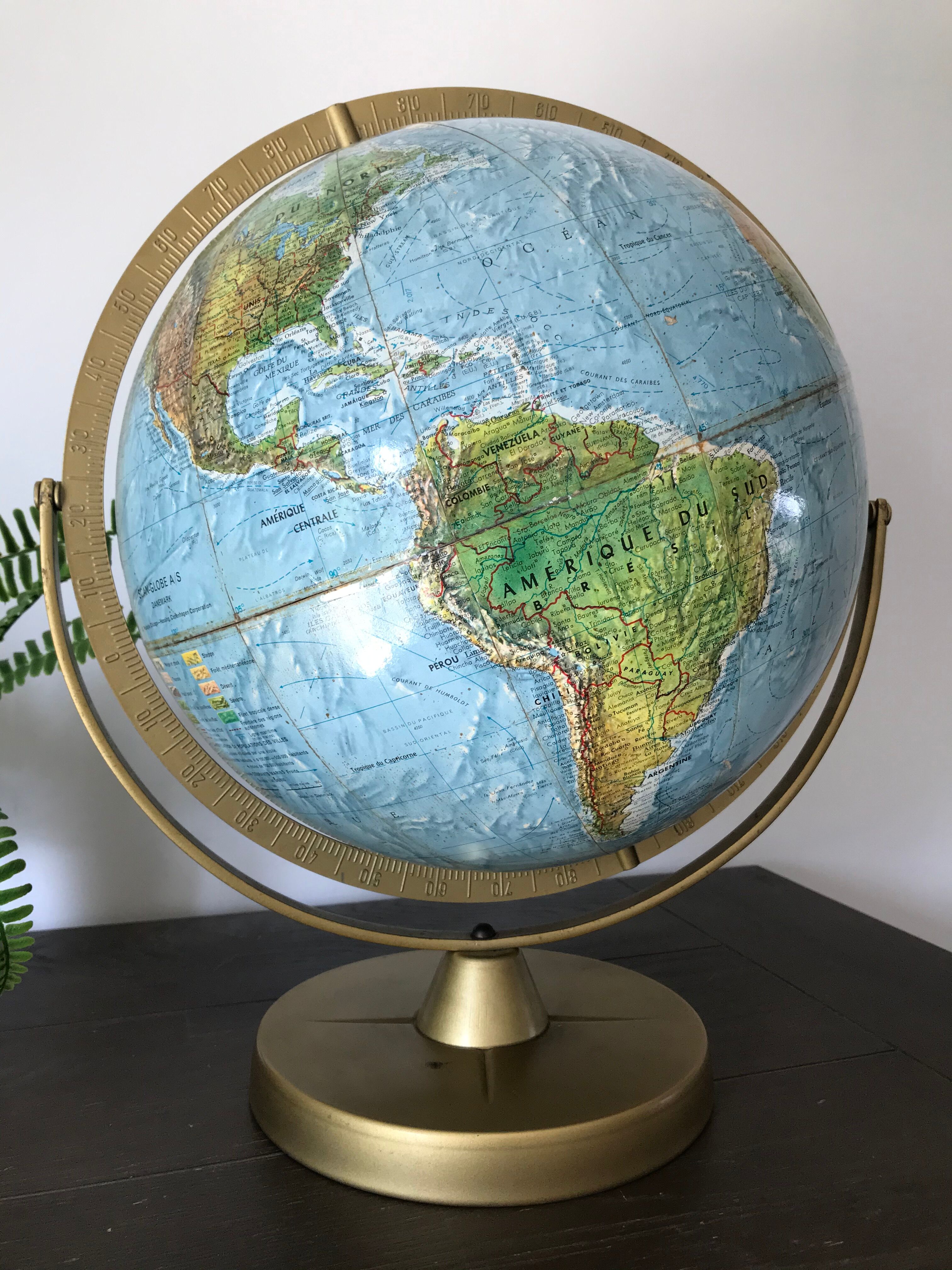 Globe Earth Scanglobe 1960 in relief, paper map and brass footing