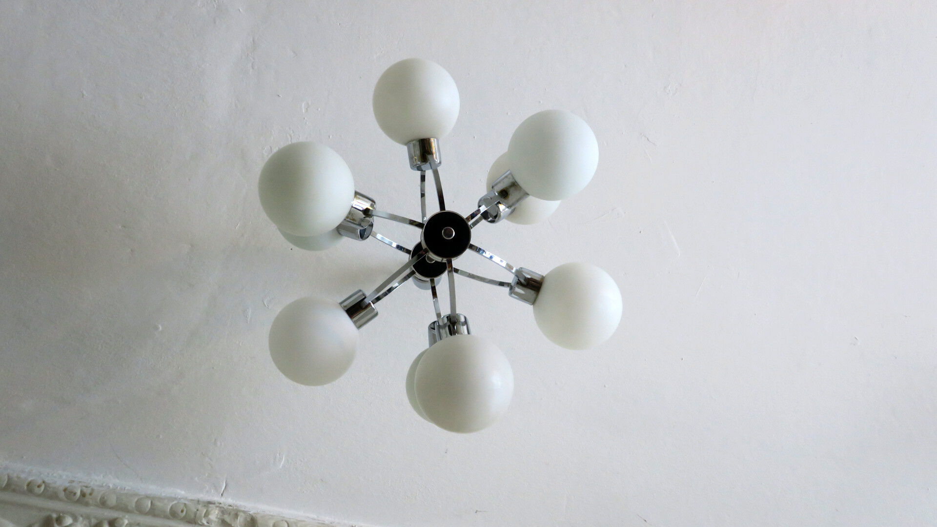 Mid century chandelier with 9 radiating milk glass globes 1970s