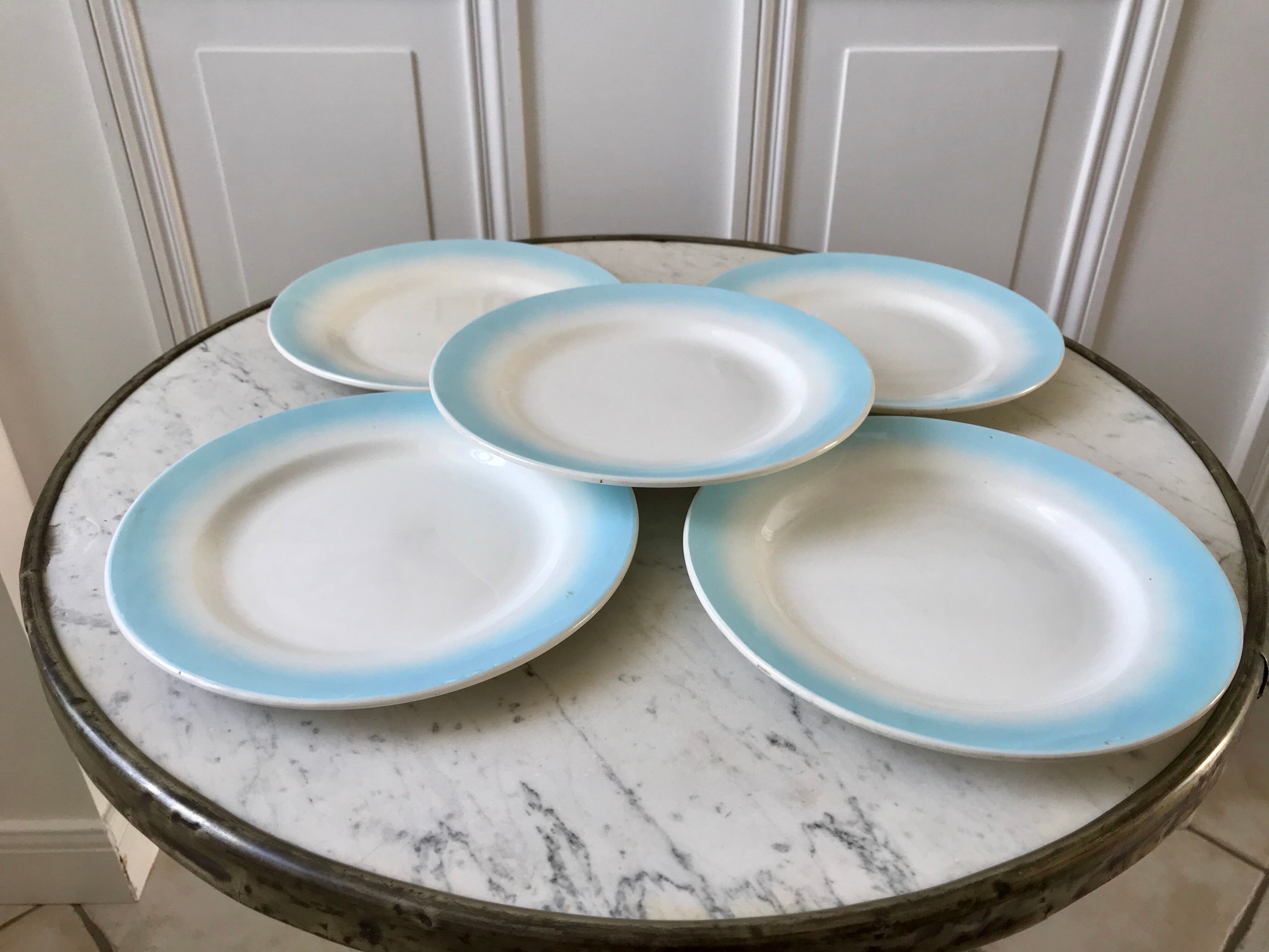 set of 5 pastel gradient sky blue dessert plates from the 40s and 50s