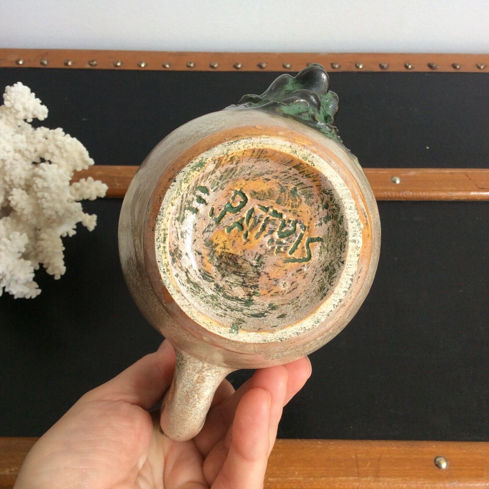 Mug cup with laughing face in sandstone Sylvain Sttublet vintage ceramic 1950