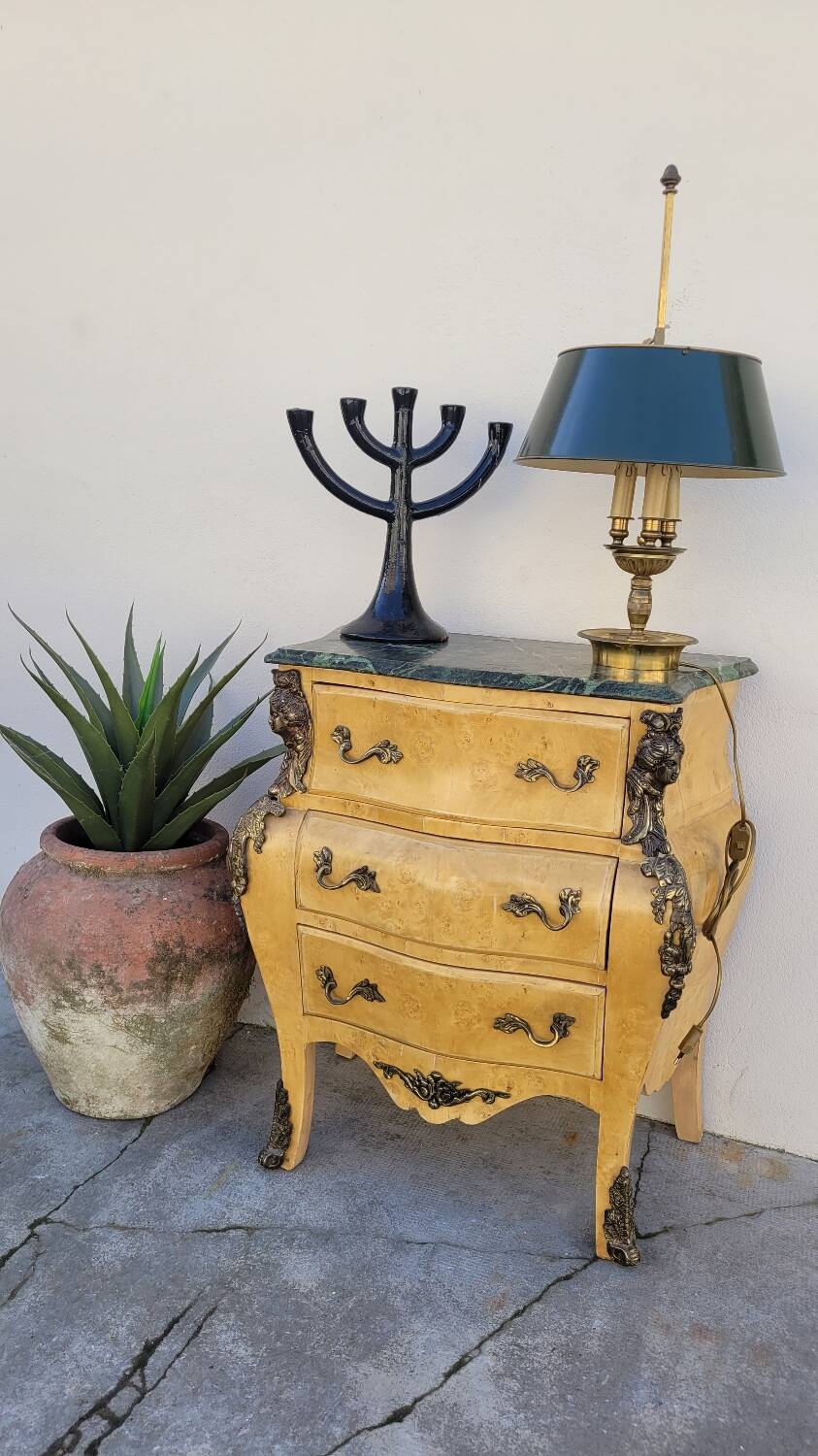 Curved Louis XV style chest of drawers in elm burl and bronze marquetry