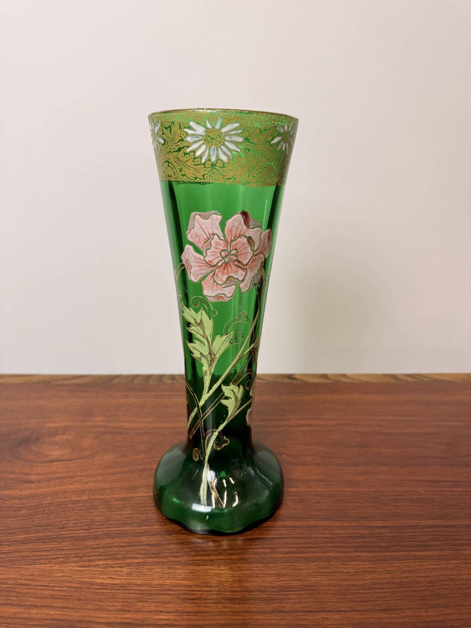 Antique Legras vase – Emerald green glass with floral gold enamel – Art Nouveau