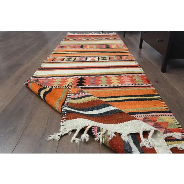 Vintage Turkish Oushak Handmade Wool Cotton Orange Runner Rug 97x315