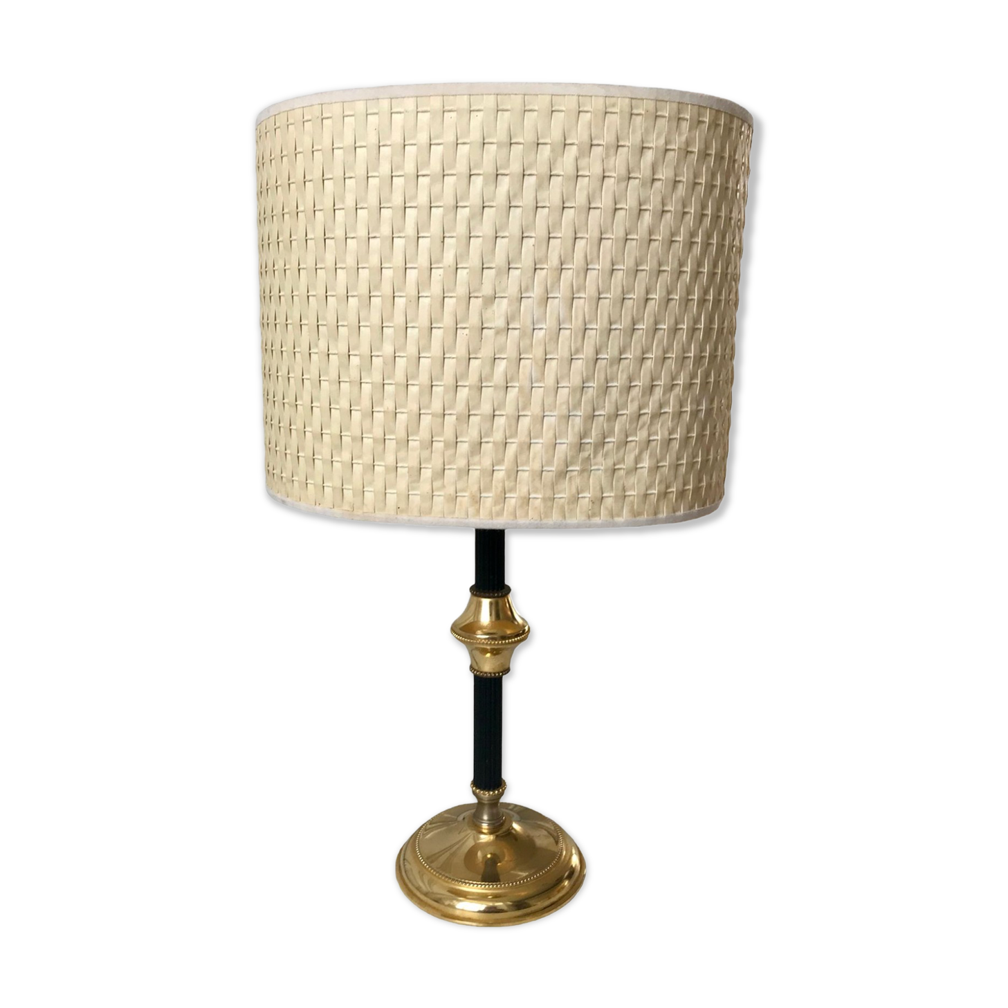 Brass and black metal lamp with woven lampshade woven 50s