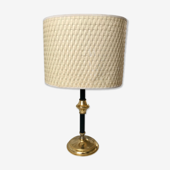 Brass and black metal lamp with woven lampshade woven 50s