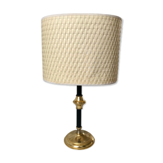 Brass and black metal lamp with woven lampshade woven 50s