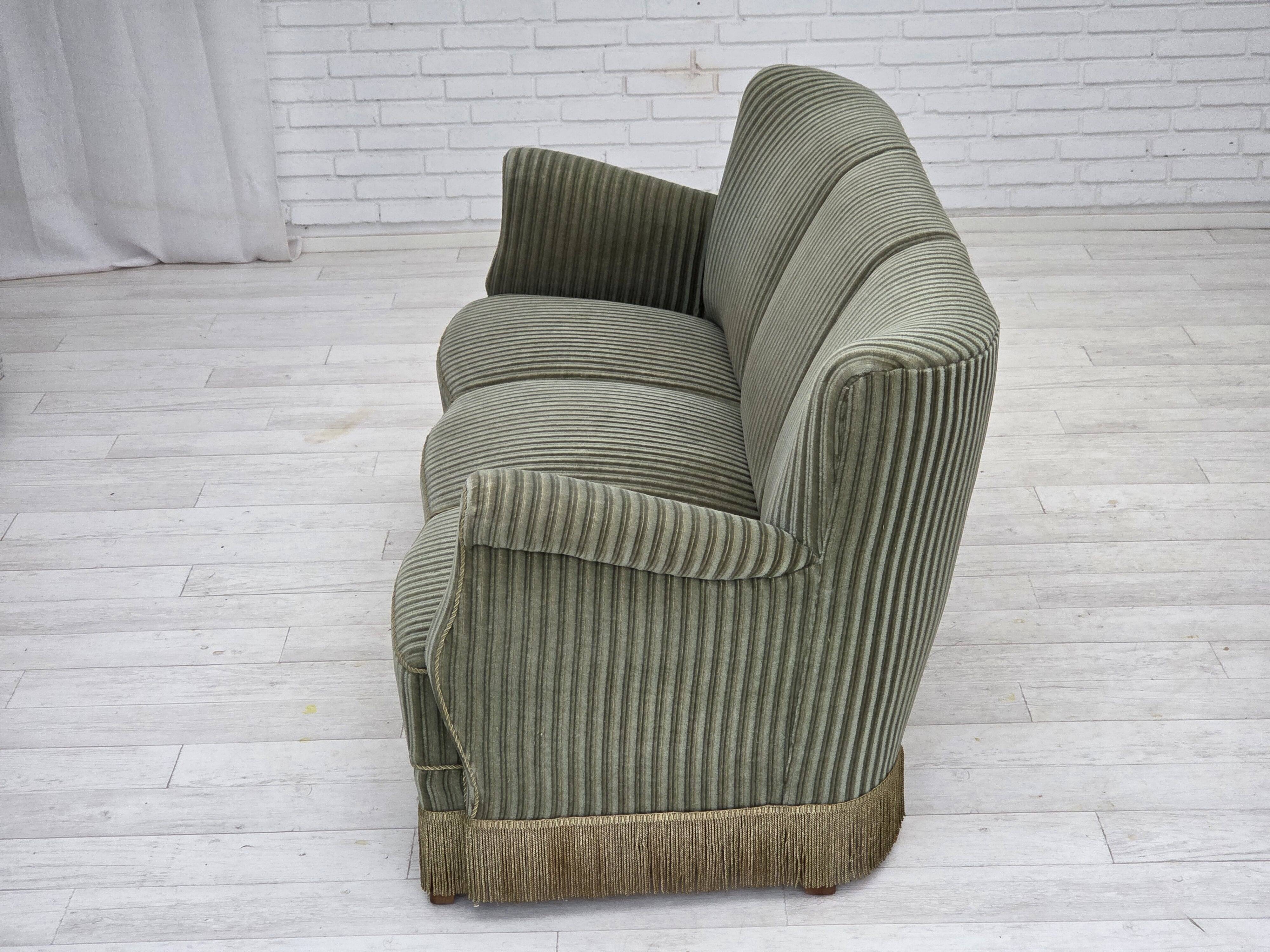 1960s, Danish 3-seater sofa, original green furniture velour, oak wood.