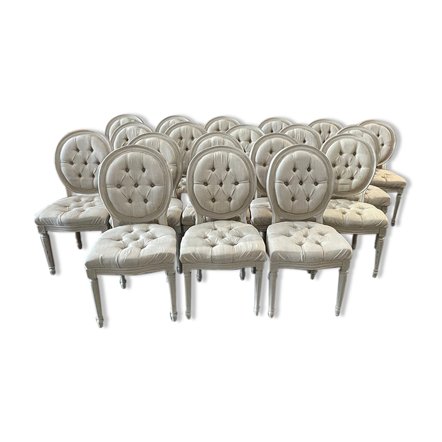 Louis xvi medallion style chairs patinated wood & beige updaped fabric