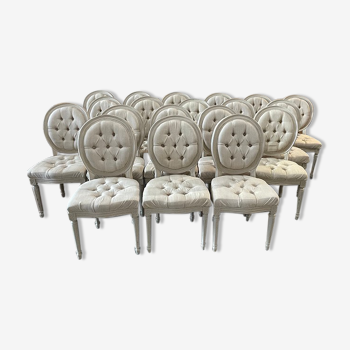 Louis xvi medallion style chairs patinated wood & beige updaped fabric