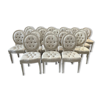 Louis xvi medallion style chairs patinated wood & beige updaped fabric