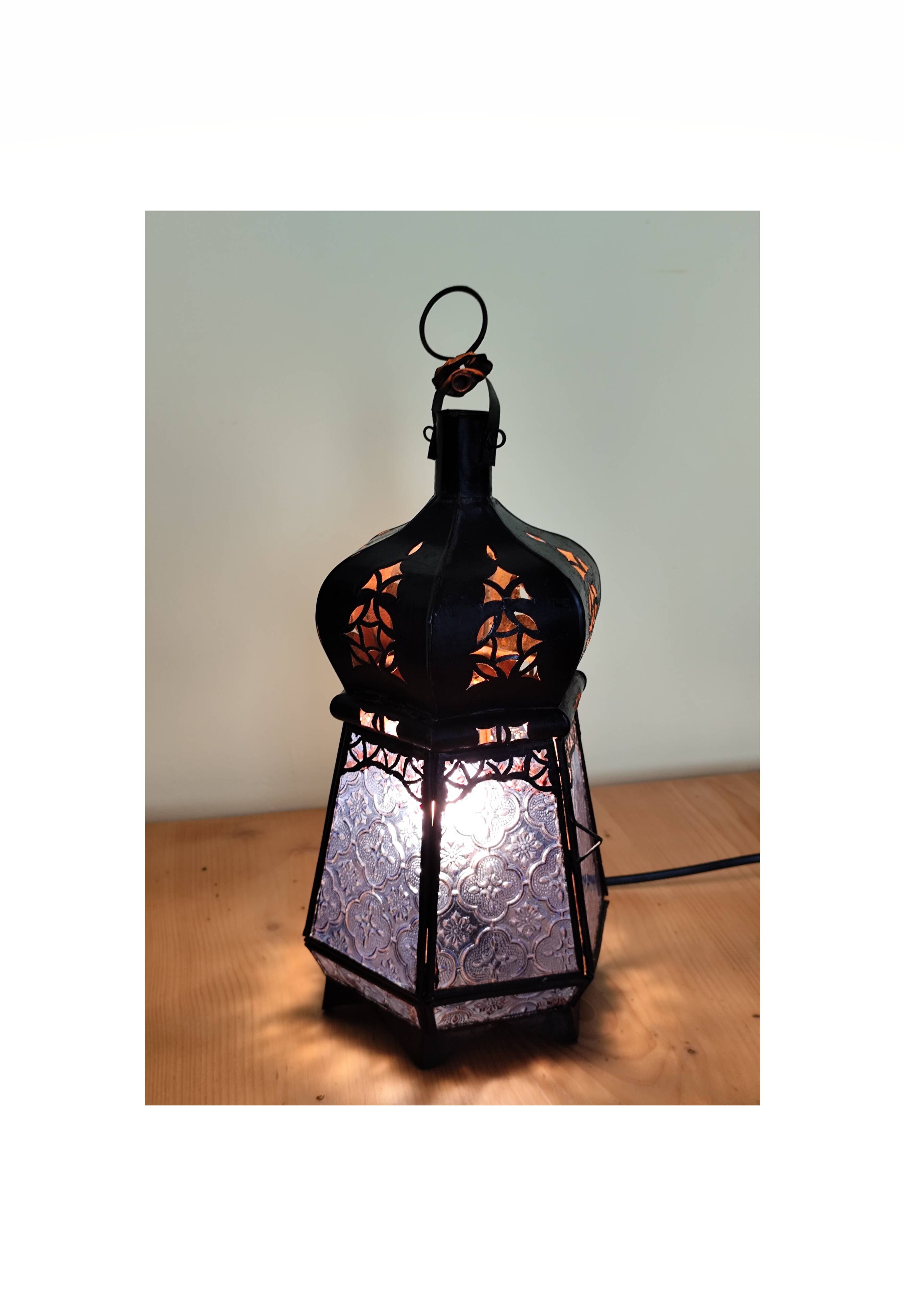 Blue hexagonal Moroccan lantern table lamp