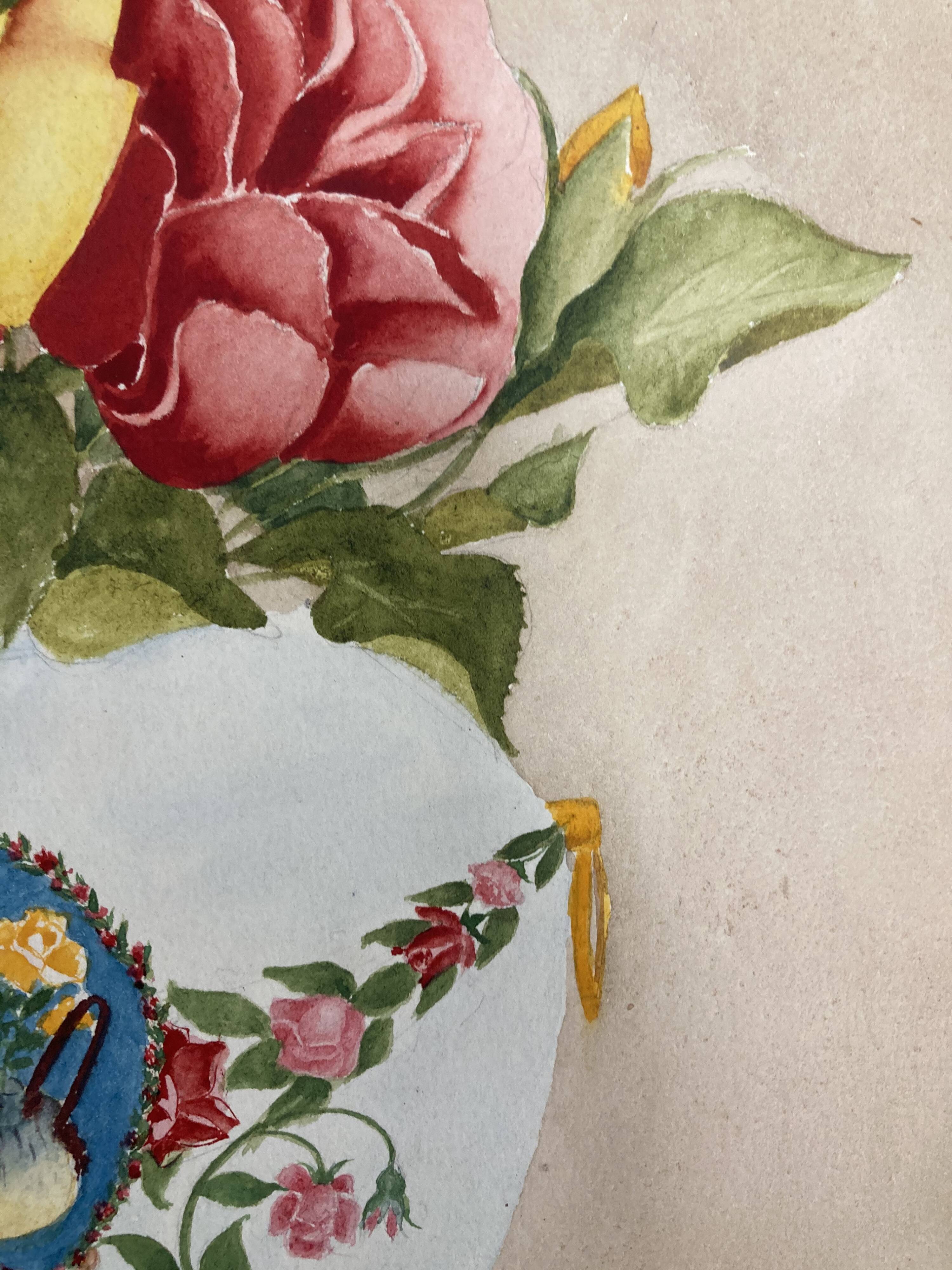 Vintage watercolor with roses in earthenware vase with angel