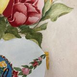 Vintage watercolor with roses in earthenware vase with angel