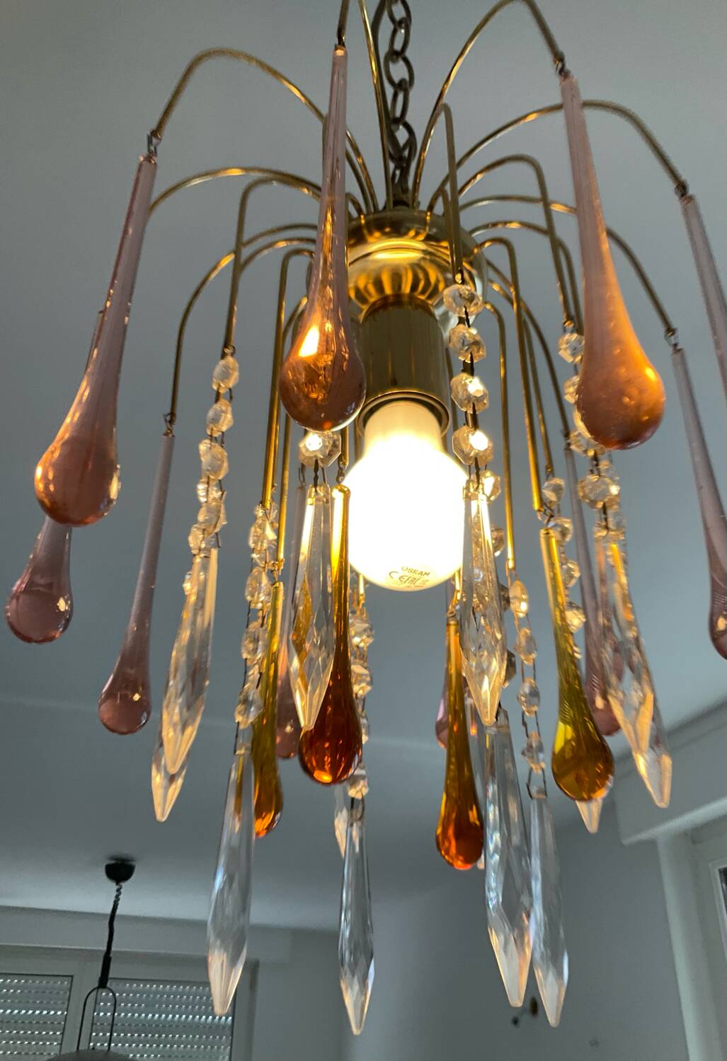 Vintage brass chandelier with glass drop pendants