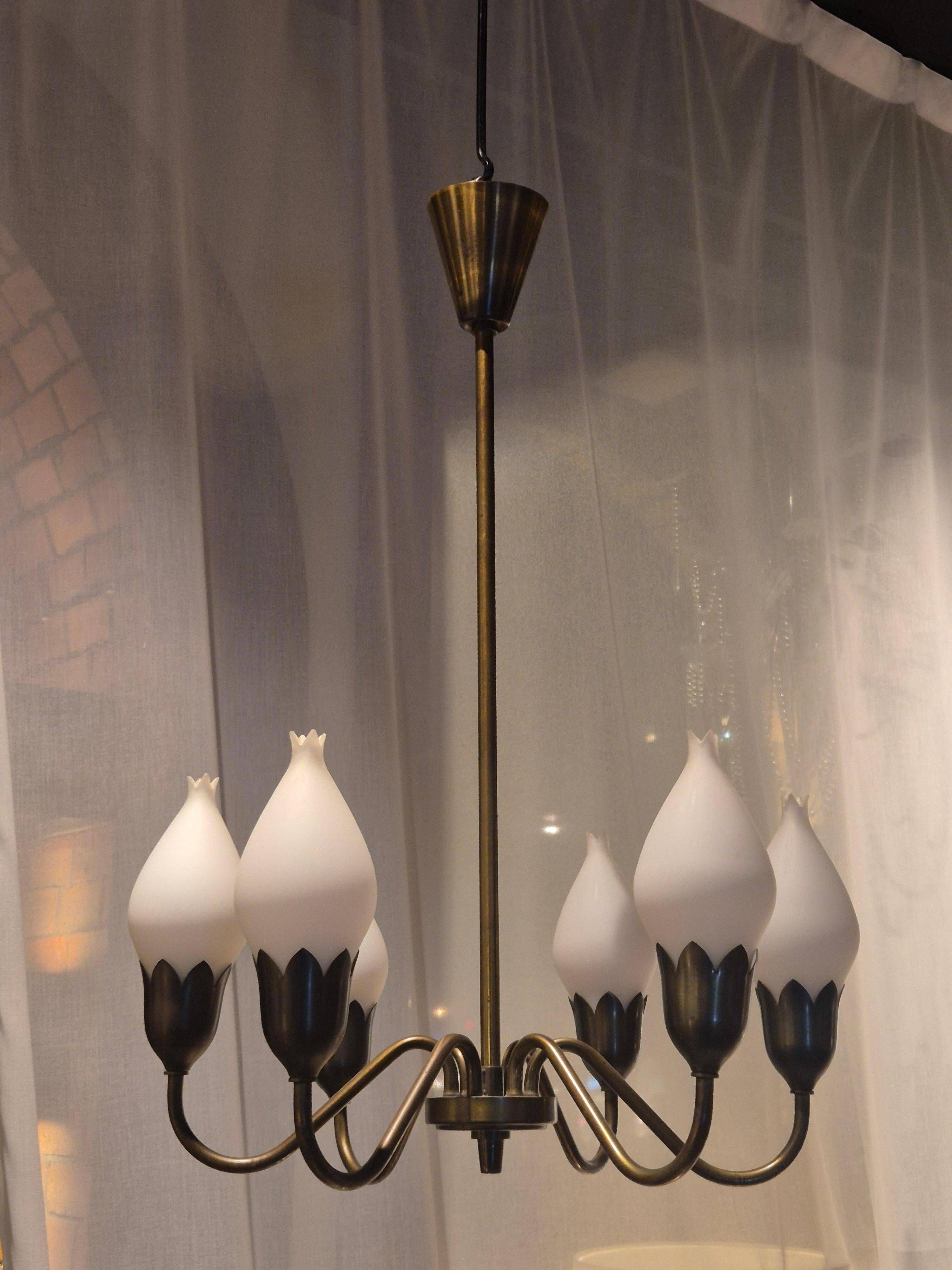 Lustre "Tulip" in brass and glass by Fog and Morup, Denmark.