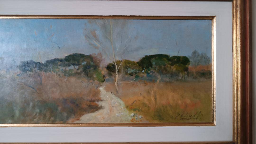 Peinture à l'huile paysage en carton maremme Bruno Loretti (Livourne 1940)