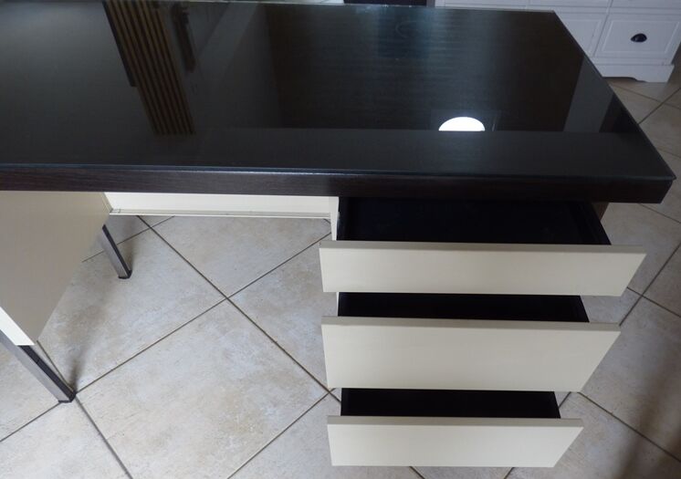 Industrial metal desk from the 70s with three drawers and glass top