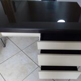 Industrial metal desk from the 70s with three drawers and glass top