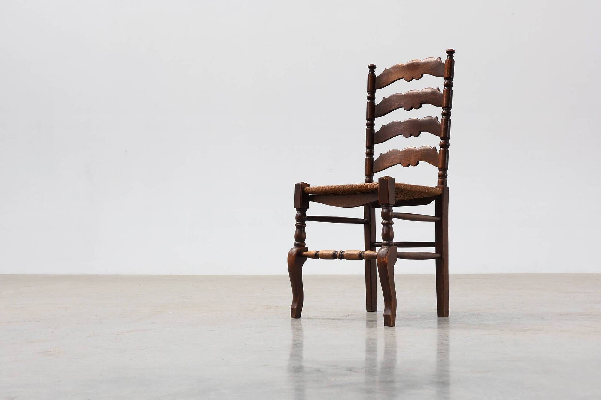 Rustic Oak Ladder-Back Chair with Rush Seat and Cabriole Front Legs, France