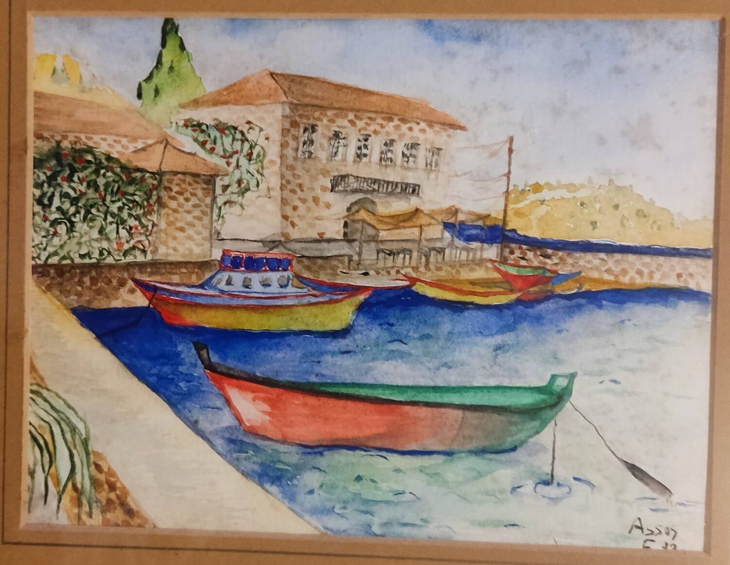 Marine painting on canvas fishing boats at the port